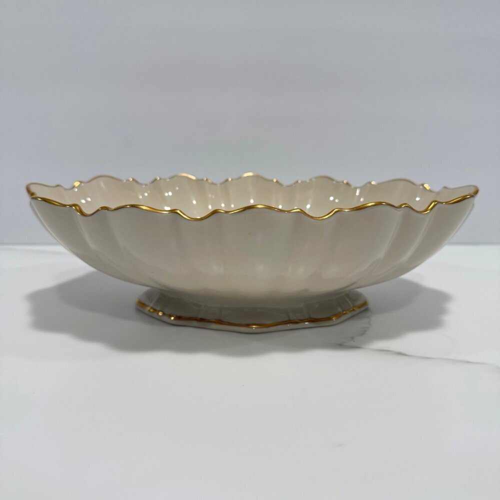 VTG MCM Lenox Scalloped Edge Centerpiece Bowl‎ Ivory 24K Gold Trim Trinket Dish